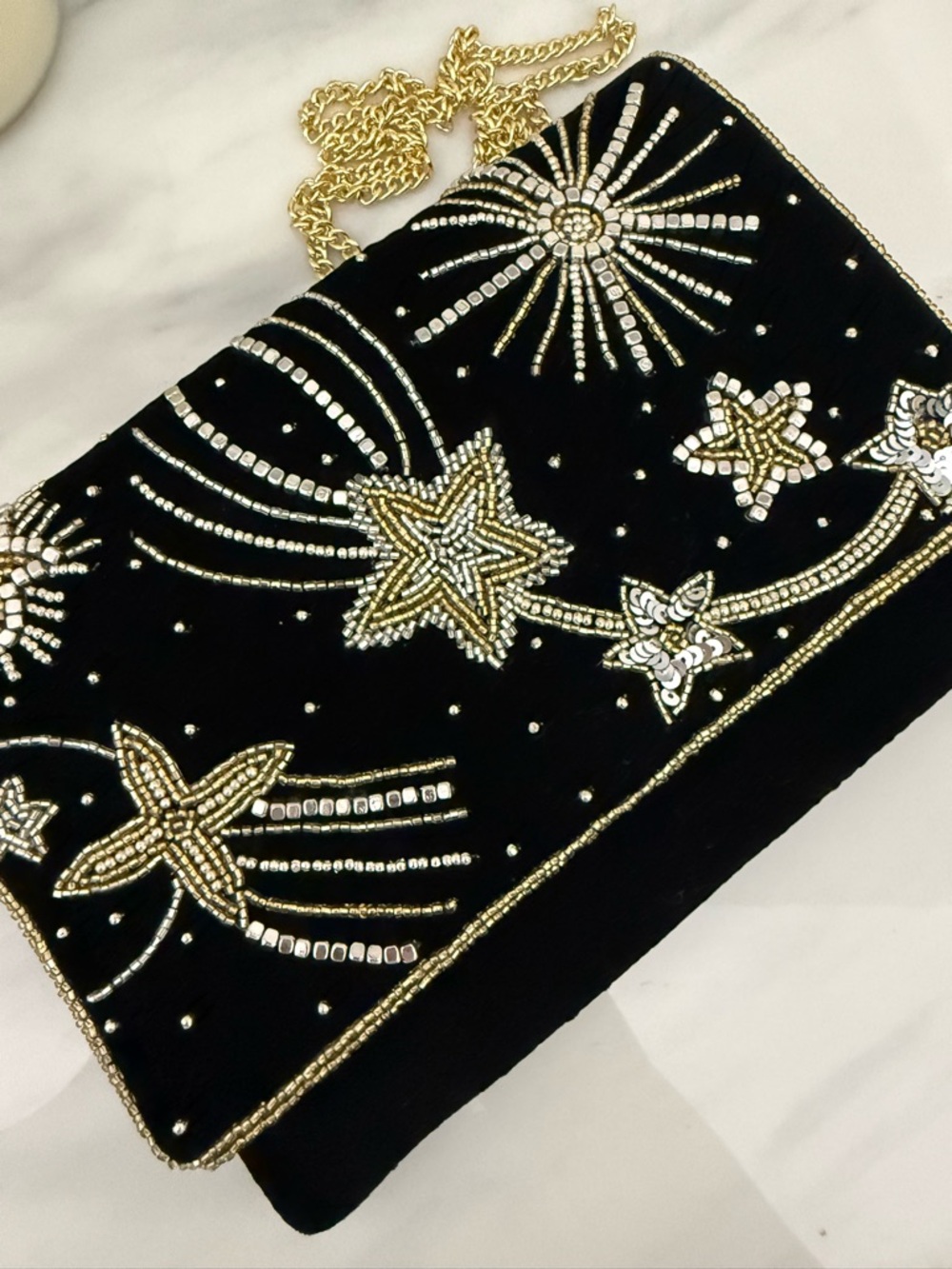 Black Beaded Star Motif Evening Clutch with Gold Chain